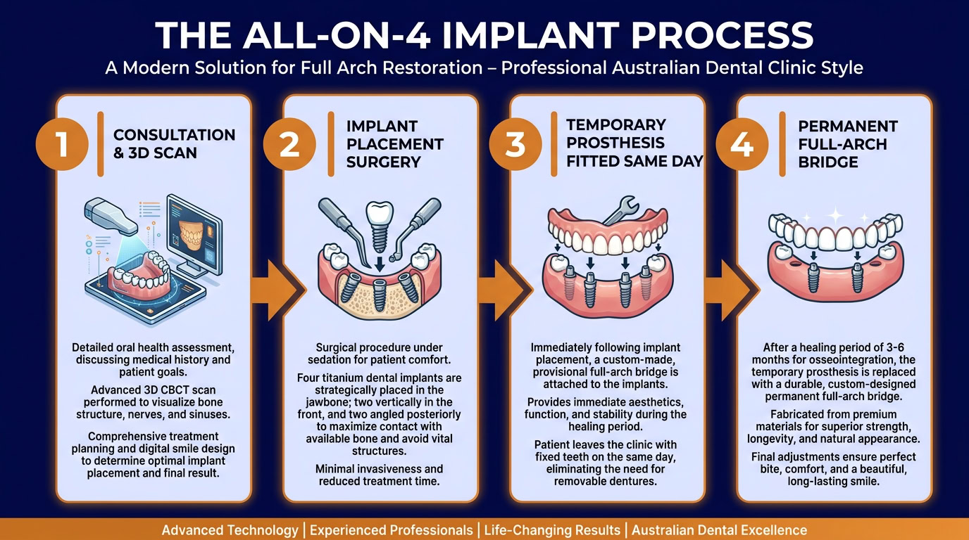 Diagram showing the All-on-4 dental implant placement process and treatment steps